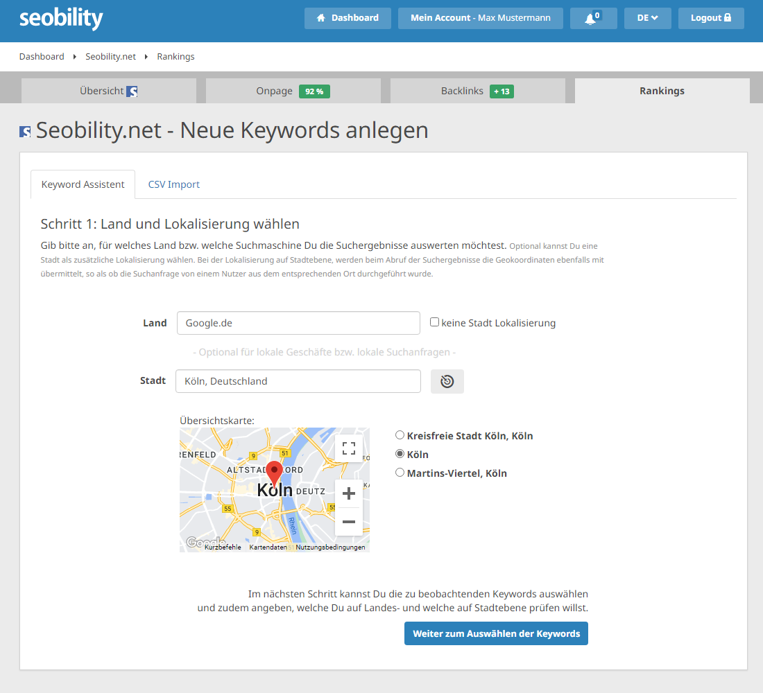 Neue Keywords mit Lokalisierung anlegen