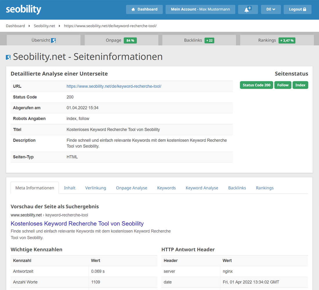 detaillierte Analyse einer konkreten Unterseite