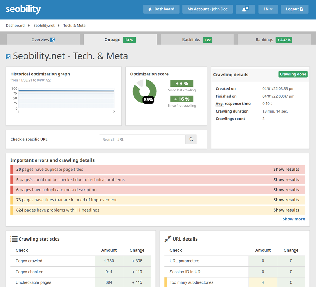 audit of the website's technical factors and meta information