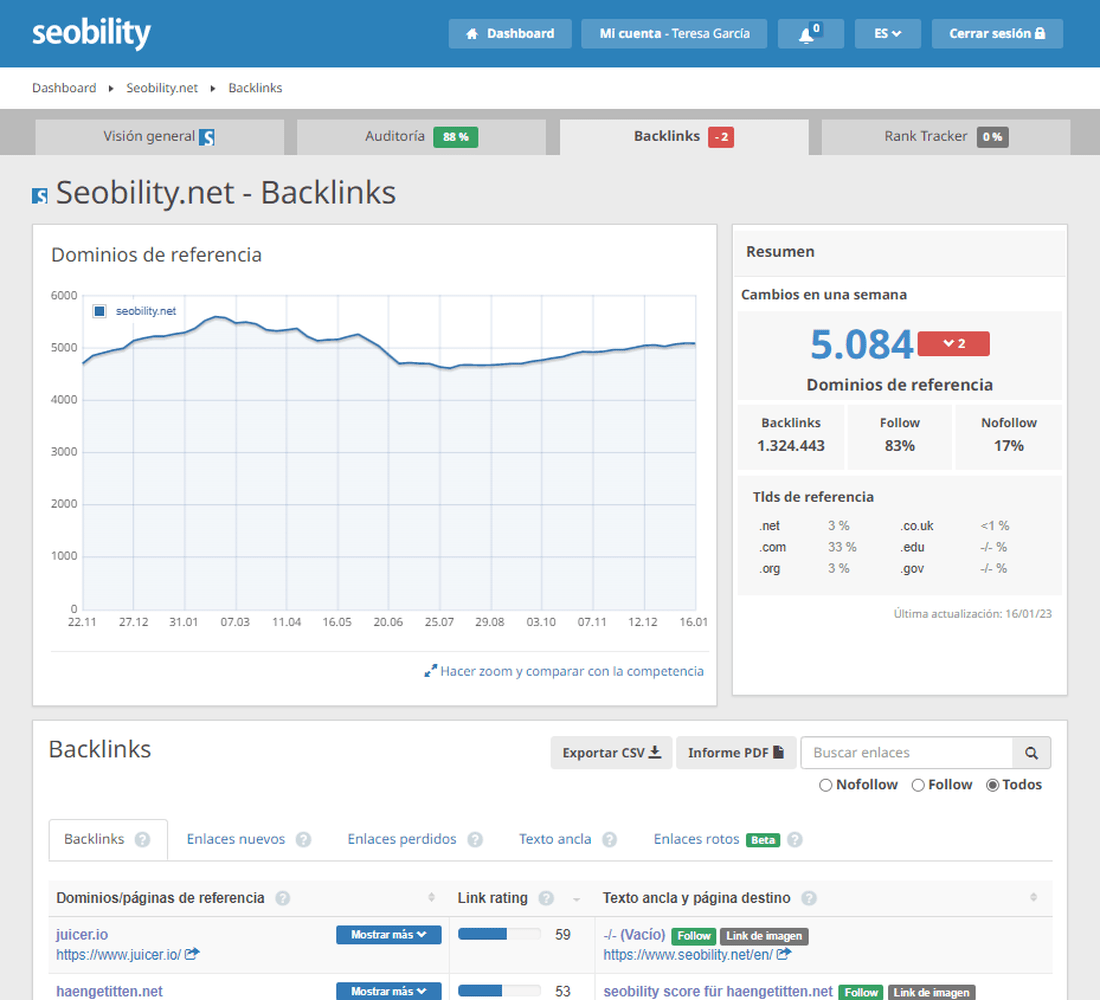 Dashboard del Análisis de Backlinks de Seobility