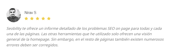 Nirav S - Seobility te proporciona un informe detallado de los problemas SEO de cada una de las páginas.